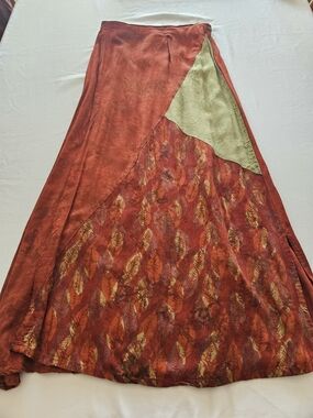 🍒Boho Hippie Island Tribe Vintage Batik Rust Patchwork Wrap Around Skirt Sz Lg